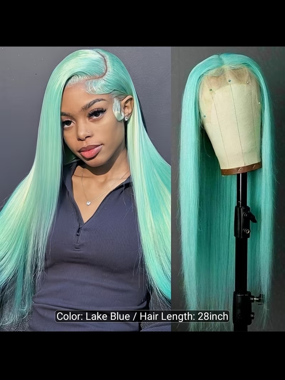 Lake Blue 28" Straight Lace Front Wig - Women Hair